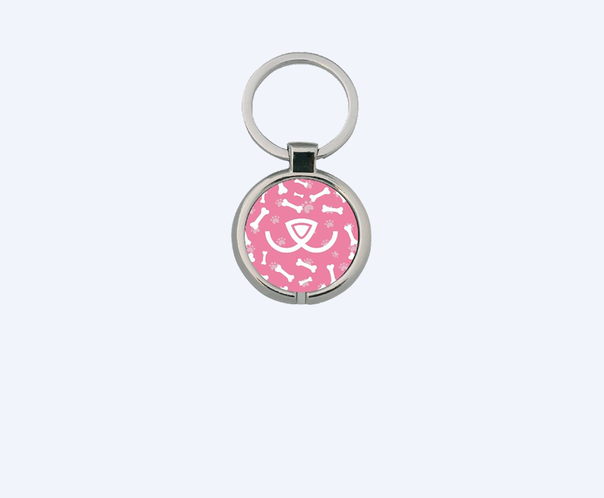 Chapa identificativa PupTag en color rosa con QR y NFC